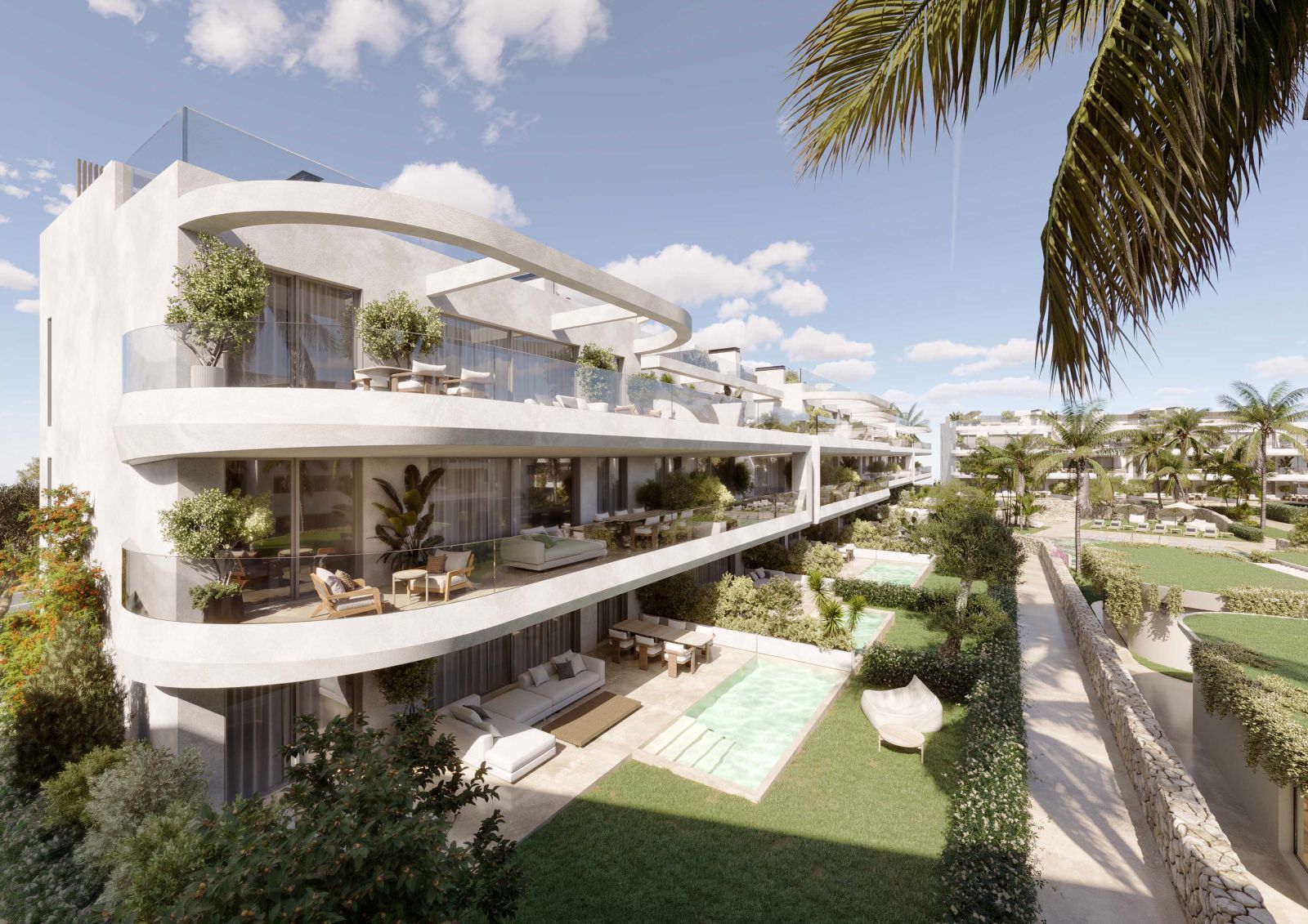 Luxe appartementencomplex The Palms met balkons en zwembaden.