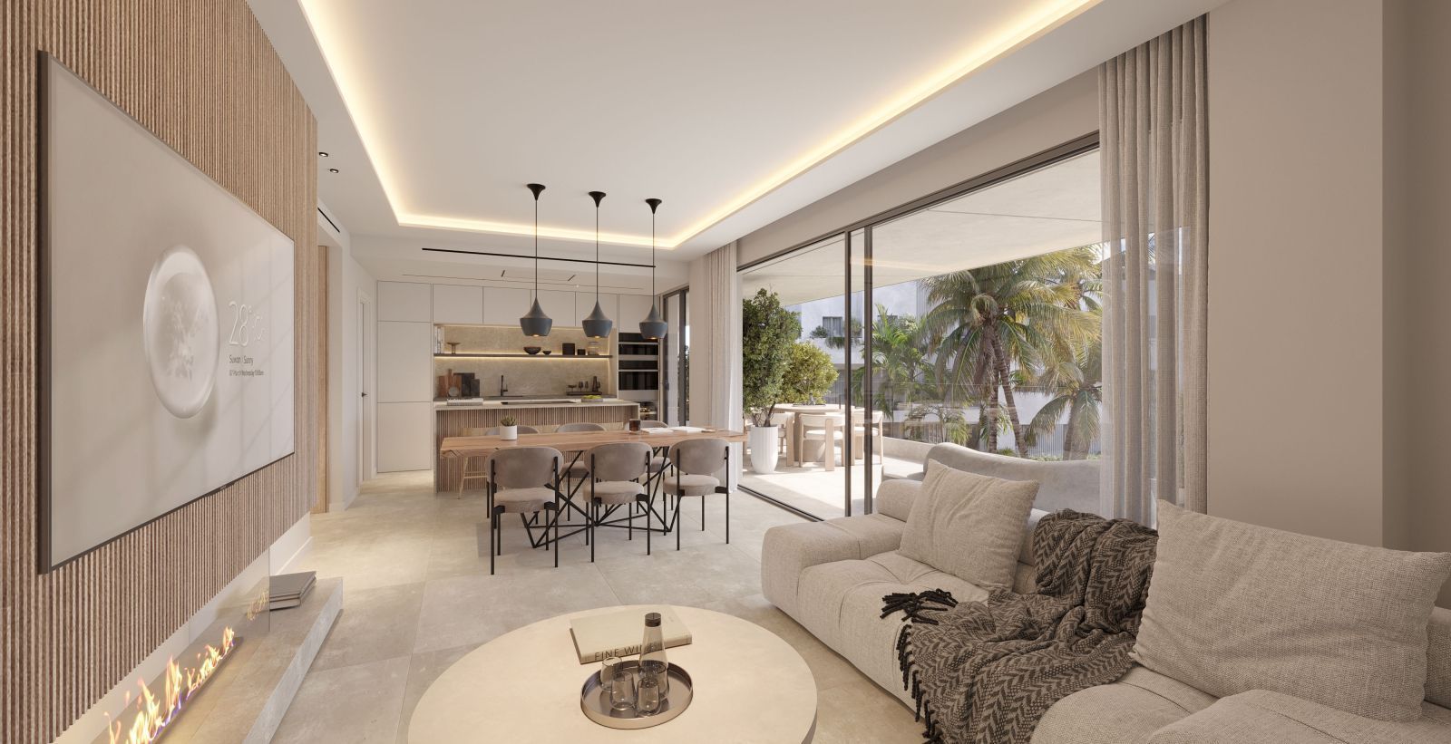 Moderne woon- en eetkamer met open keuken en uitzicht op terras