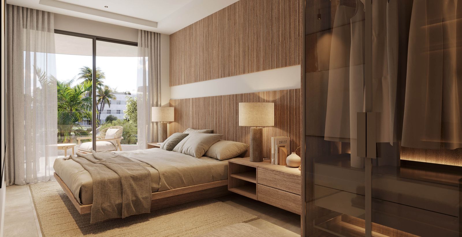 Moderne slaapkamer met balkonuitzicht in The Palms